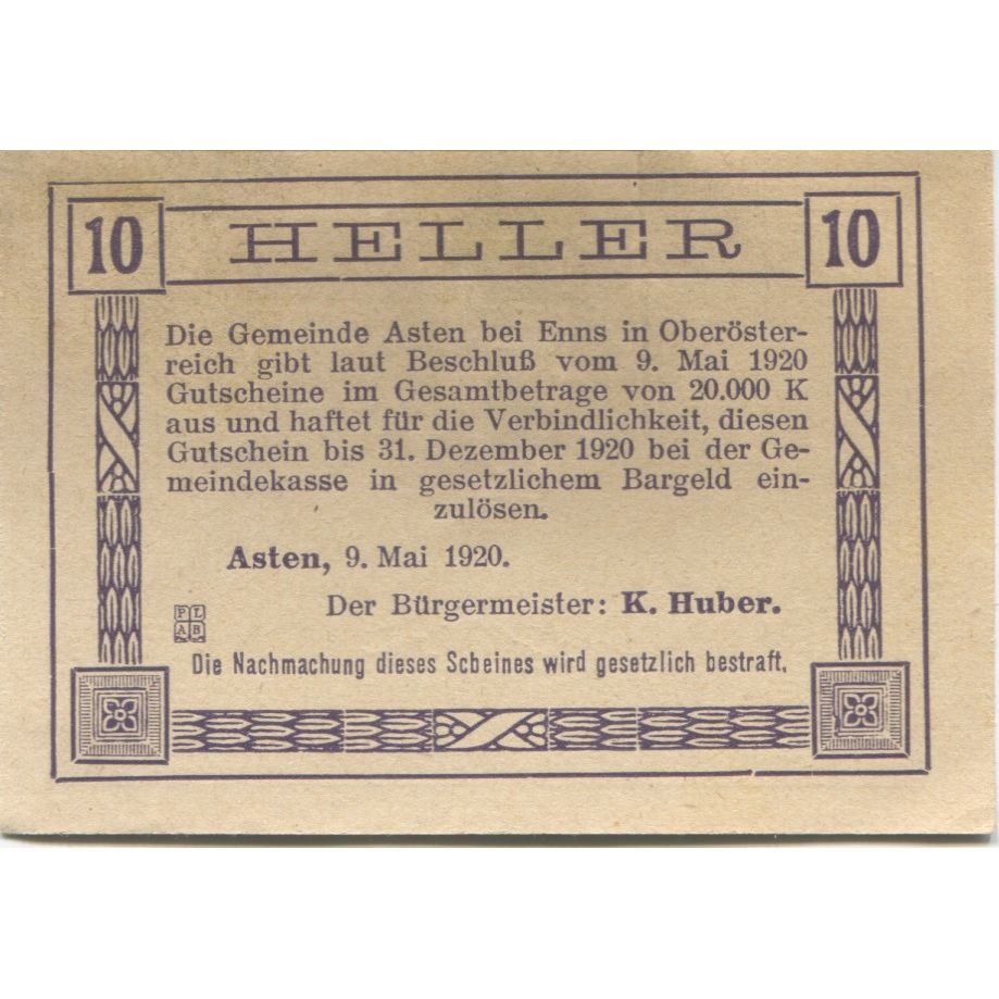 Banknote, Austria, Asten, 10 Heller, Eglise 1920-12-31, UNC(63), Mehl:FS 59a