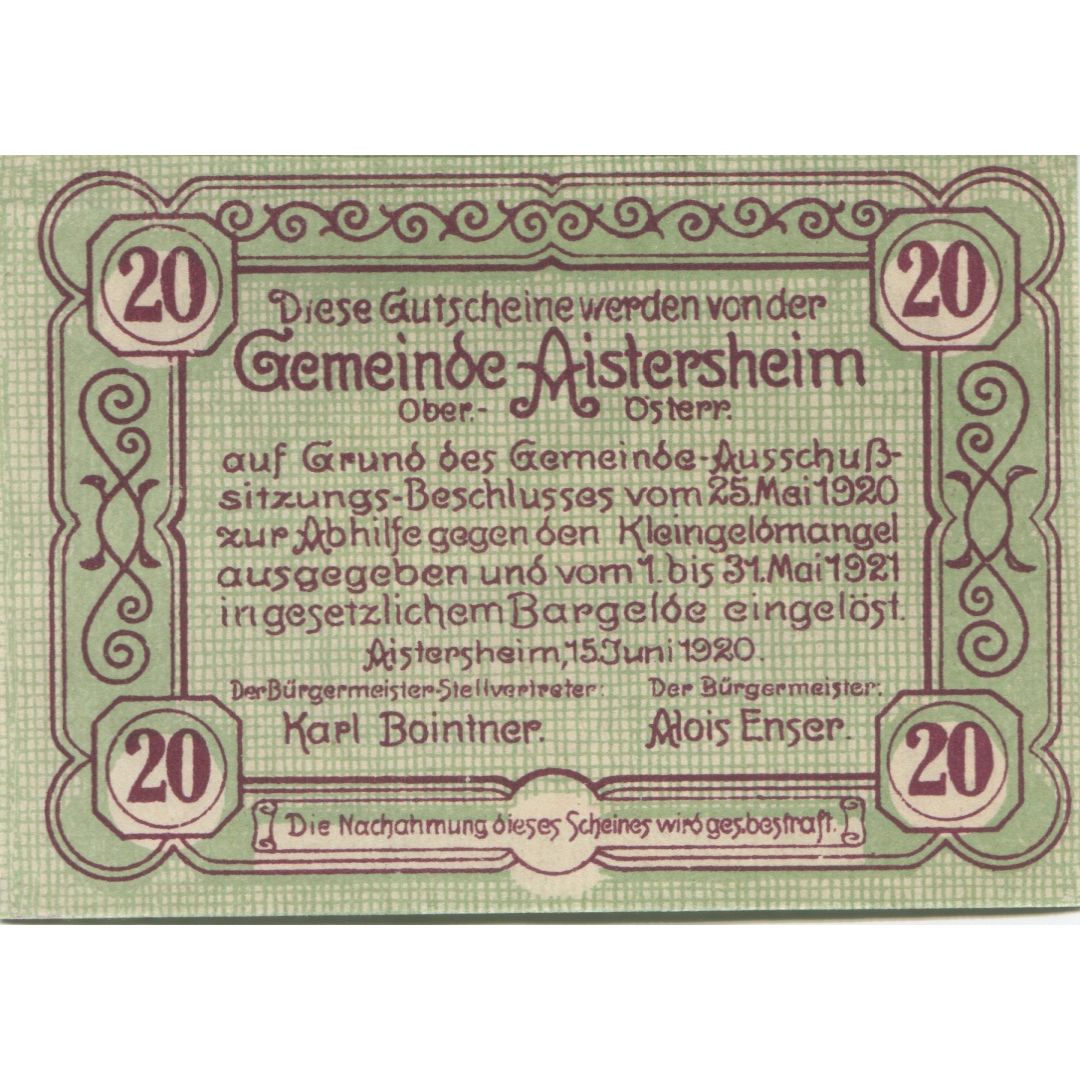 Banknote, Austria, Aistersheim, 20 Heller, Eglise, 1921 UNC(63) Mehl:FS 15a