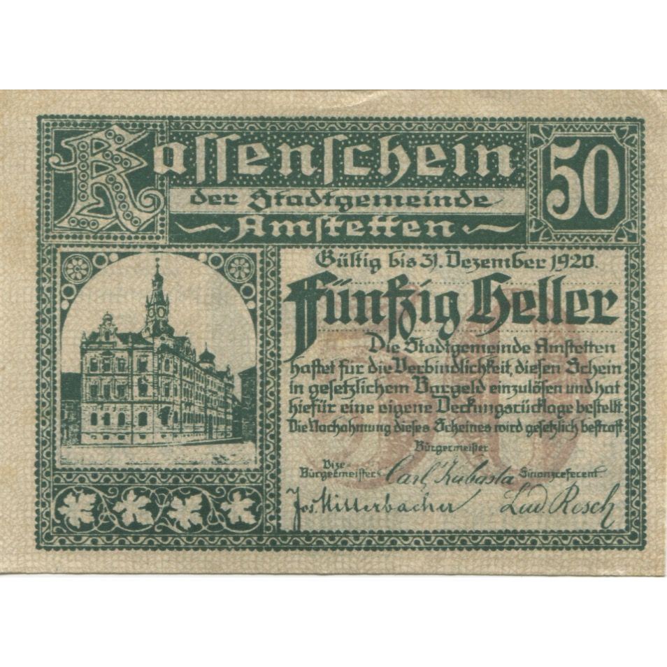 Banknote, Austria, Amstetten, 50 Heller, Eglise, 1920 UNC(63) Mehl:FS 37Ia
