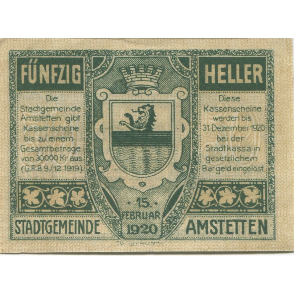 Banknote, Austria, Amstetten, 50 Heller, Eglise, 1920 UNC(63) Mehl:FS 37Ia