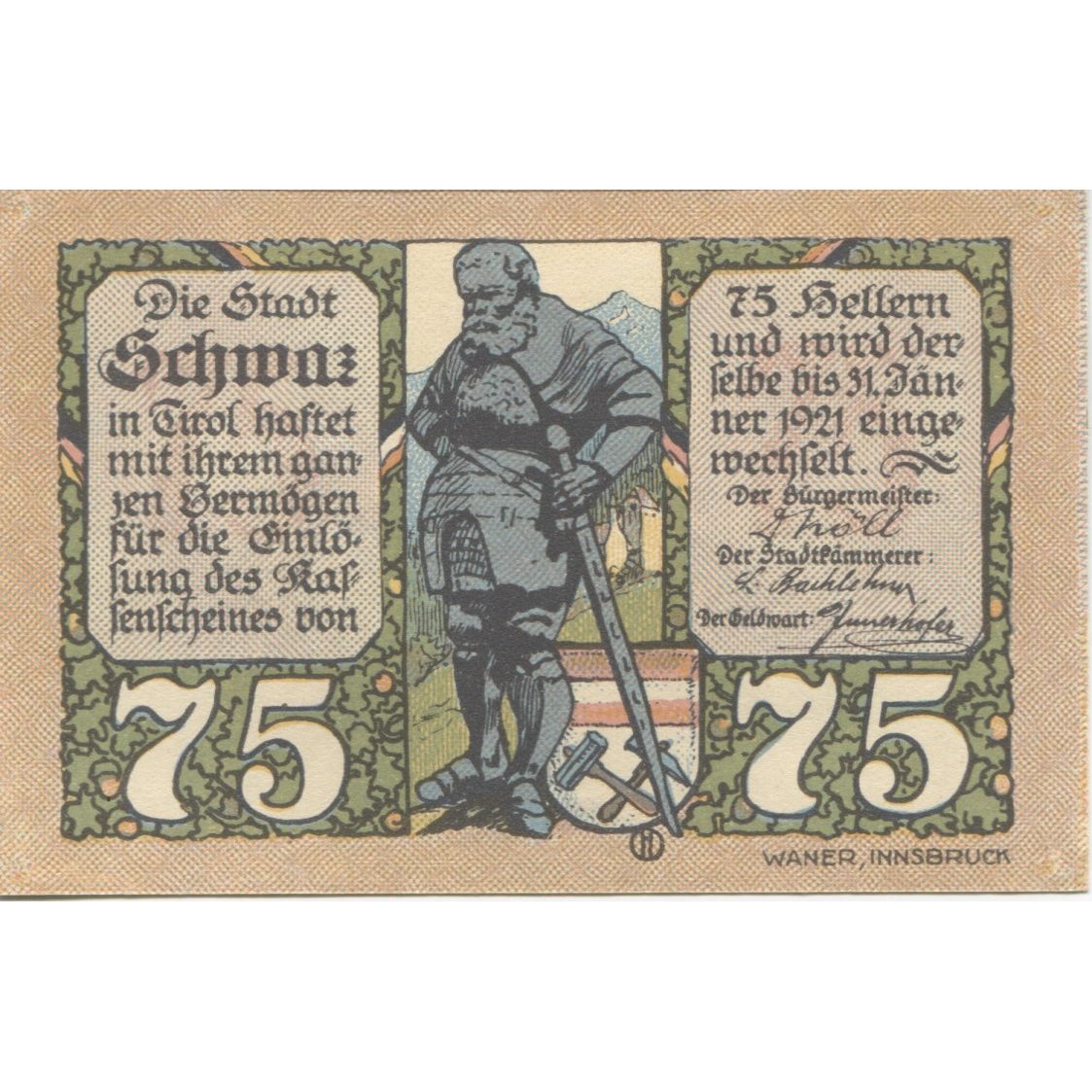 Banknote, Austria, Schwaz, 75 Heller, chevalier, 1920 UNC(63) Mehl:FS 983a