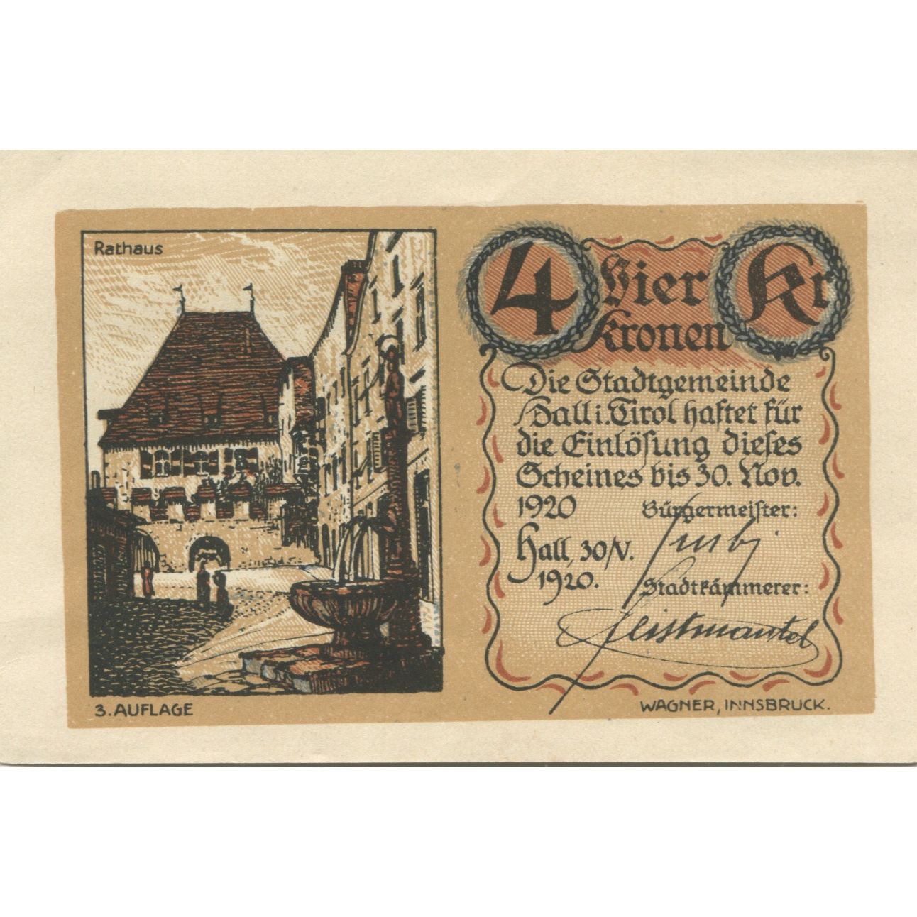 Banknote, Austria, Hall, 4 Kronen, rue 1920-11-30, UNC(63), Mehl:FS 342IIc