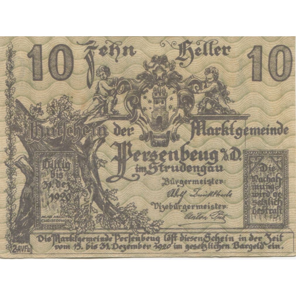 Banknote, Austria, Persenbeug, 10 Heller, village, 1920 UNC(63) Mehl:FS 735IIa