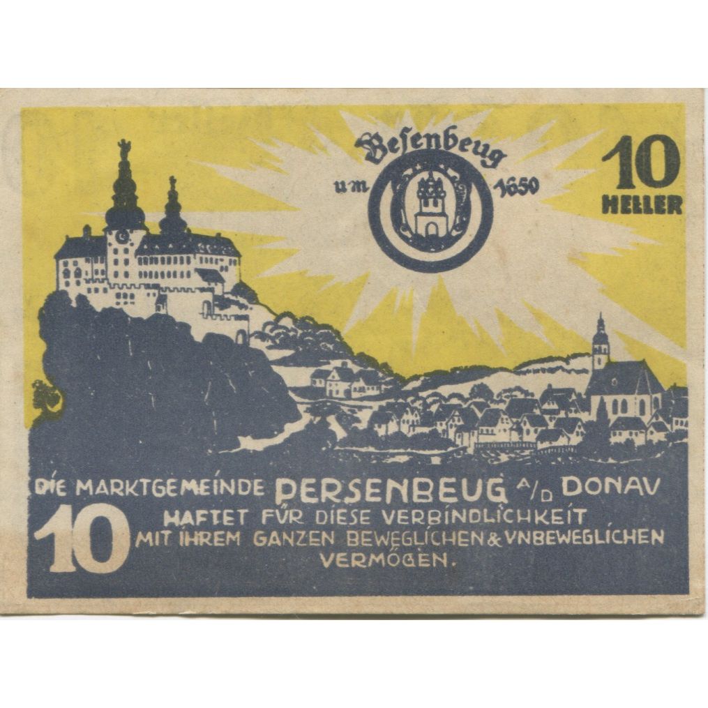 Banknote, Austria, Persenbeug, 10 Heller, village, 1920 UNC(63) Mehl:FS 735IIa