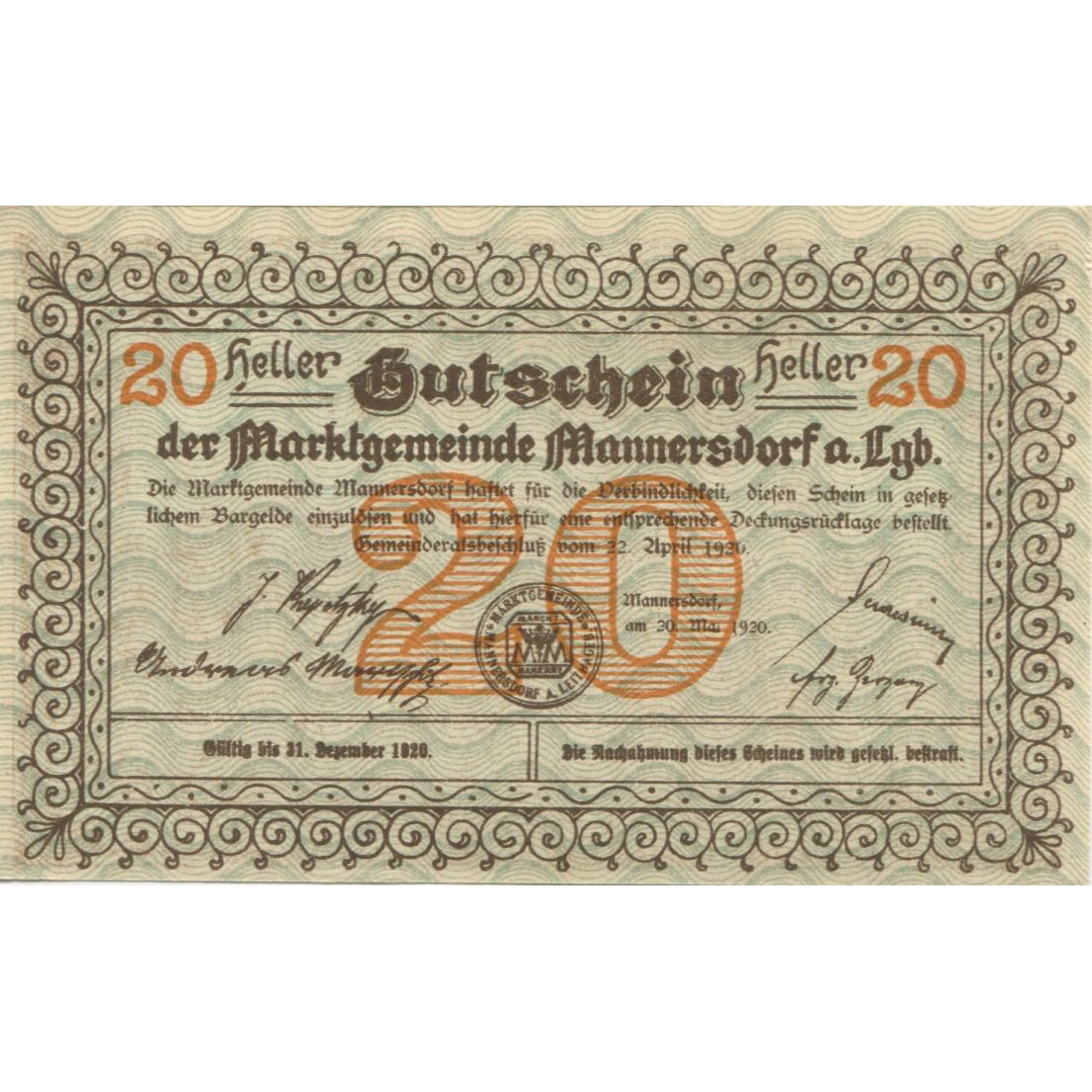 Banknote, Austria, Mannersdorf, 20 Heller, ruine, 1920 UNC(63) Mehl:FS 577a