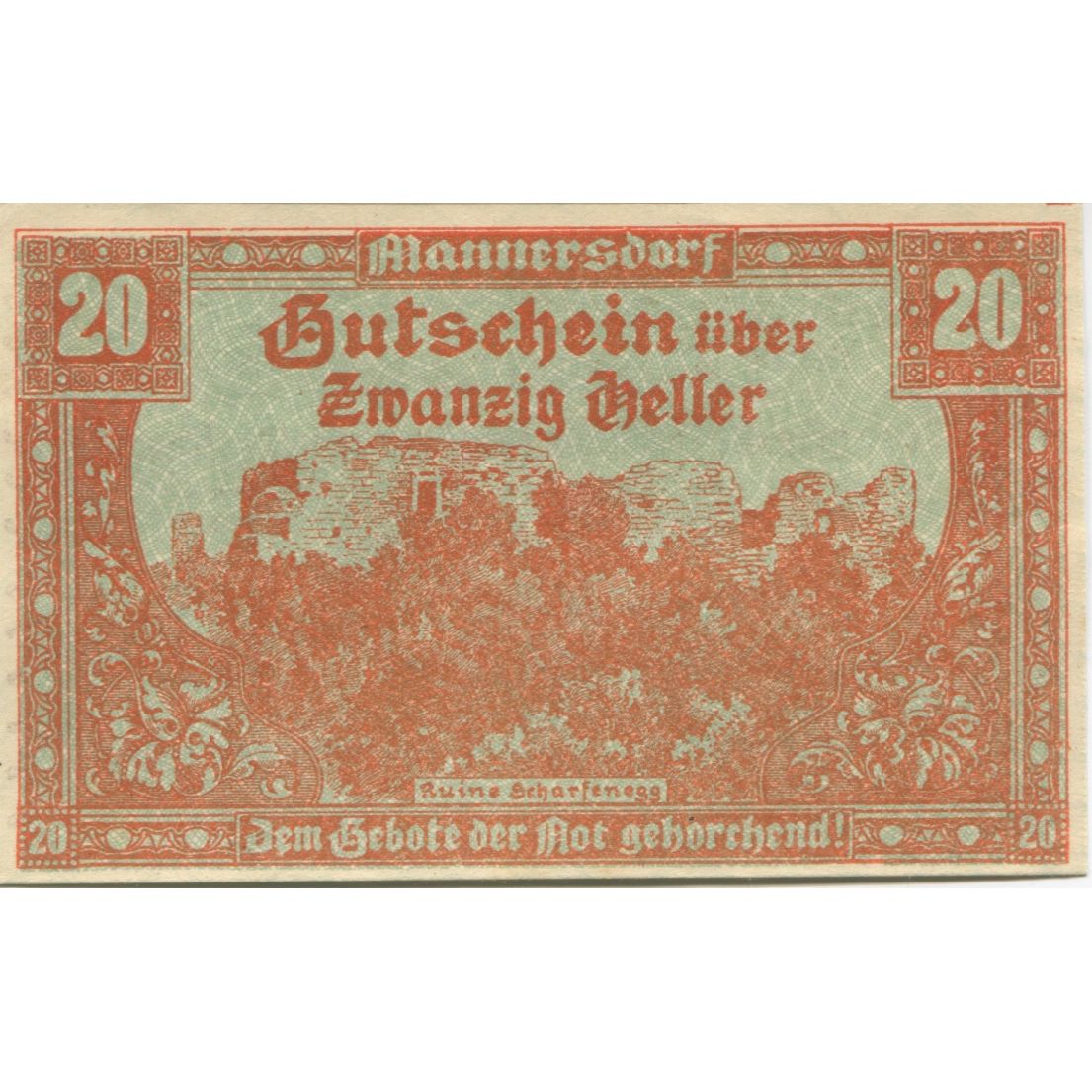 Banknote, Austria, Mannersdorf, 20 Heller, ruine, 1920 UNC(63) Mehl:FS 577a