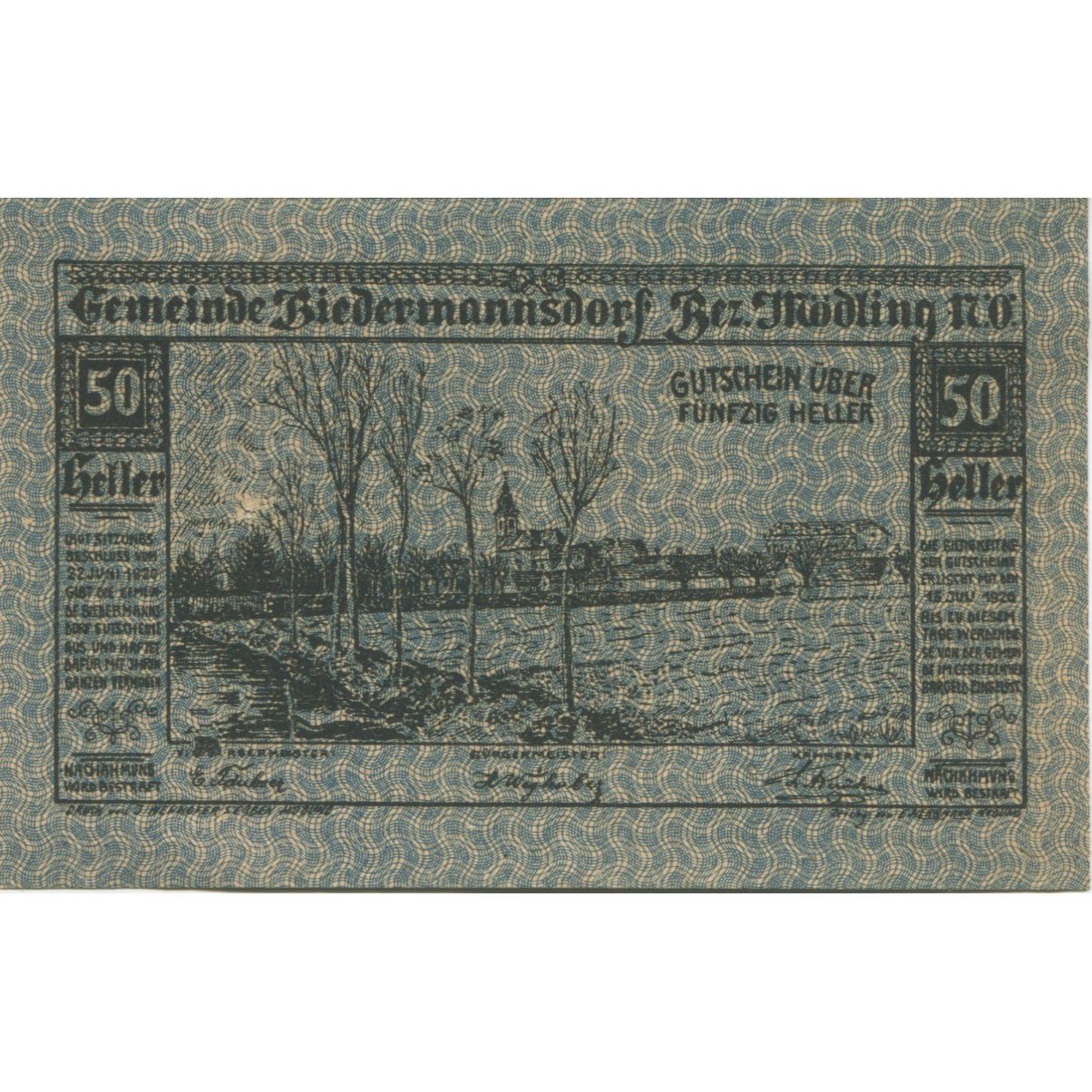 Banknote, Austria, Biedermannsdorf, 50 Heller, fleuve, 1920 UNC(63) Mehl:FS 87b