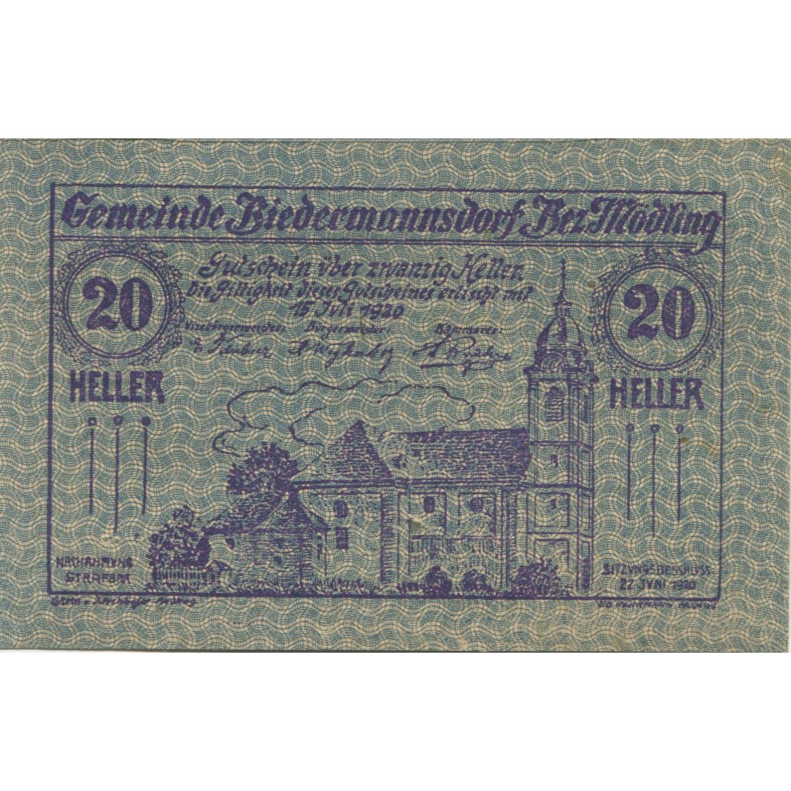 Banknote, Austria, Biedermannsdorf, 20 Heller, Eglise, 1920 UNC(63) Mehl:FS 87b