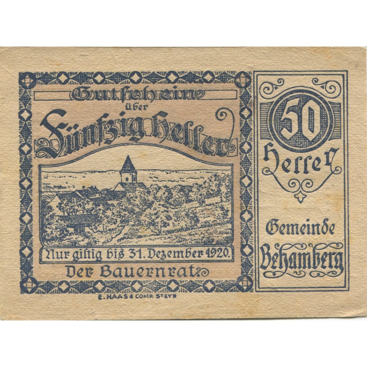 Banknote, Austria, Behamberg, 50 Heller, paysage, 1920 AU(55-58) Mehl:FS 80a