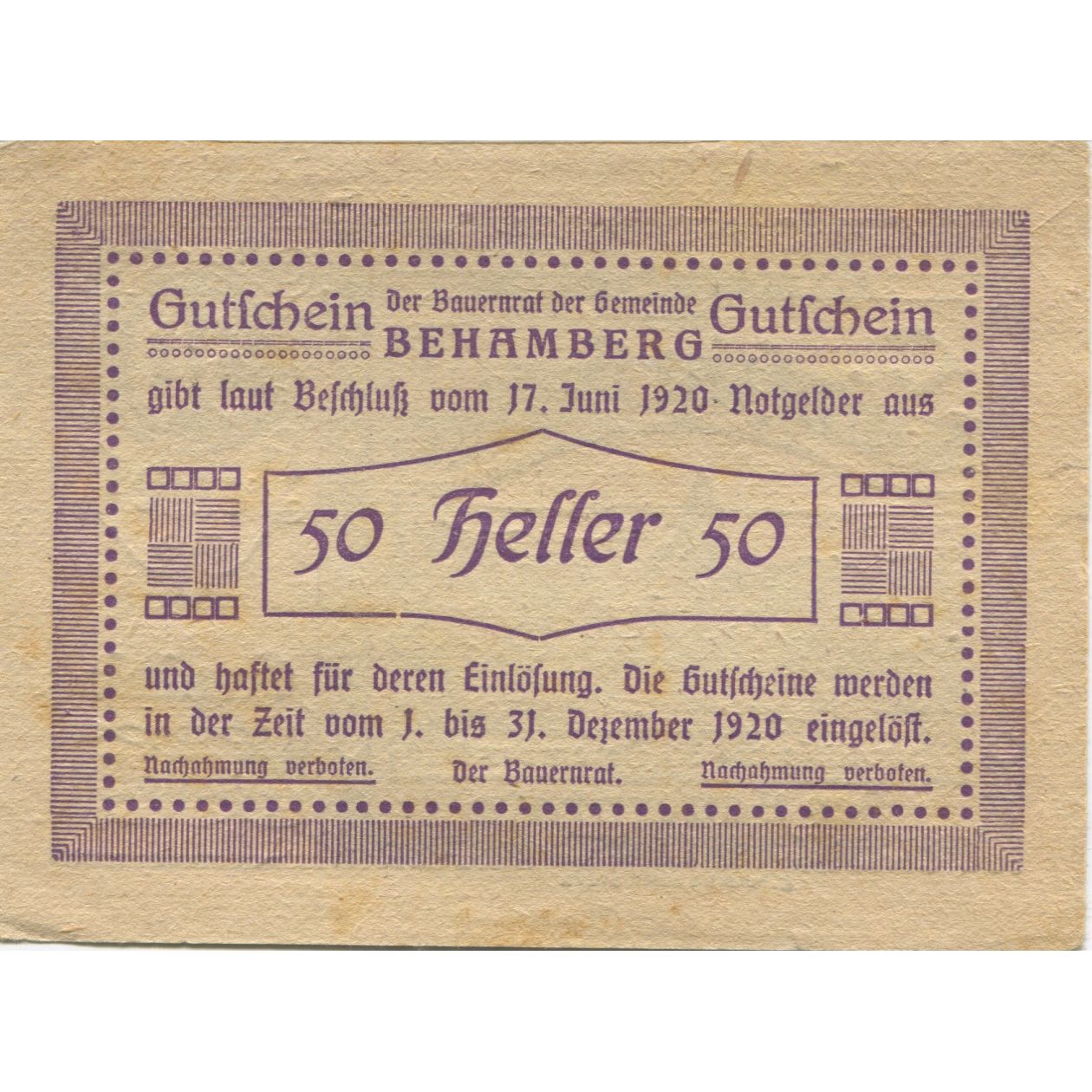 Banknote, Austria, Behamberg, 50 Heller, paysage, 1920 AU(55-58) Mehl:FS 80a