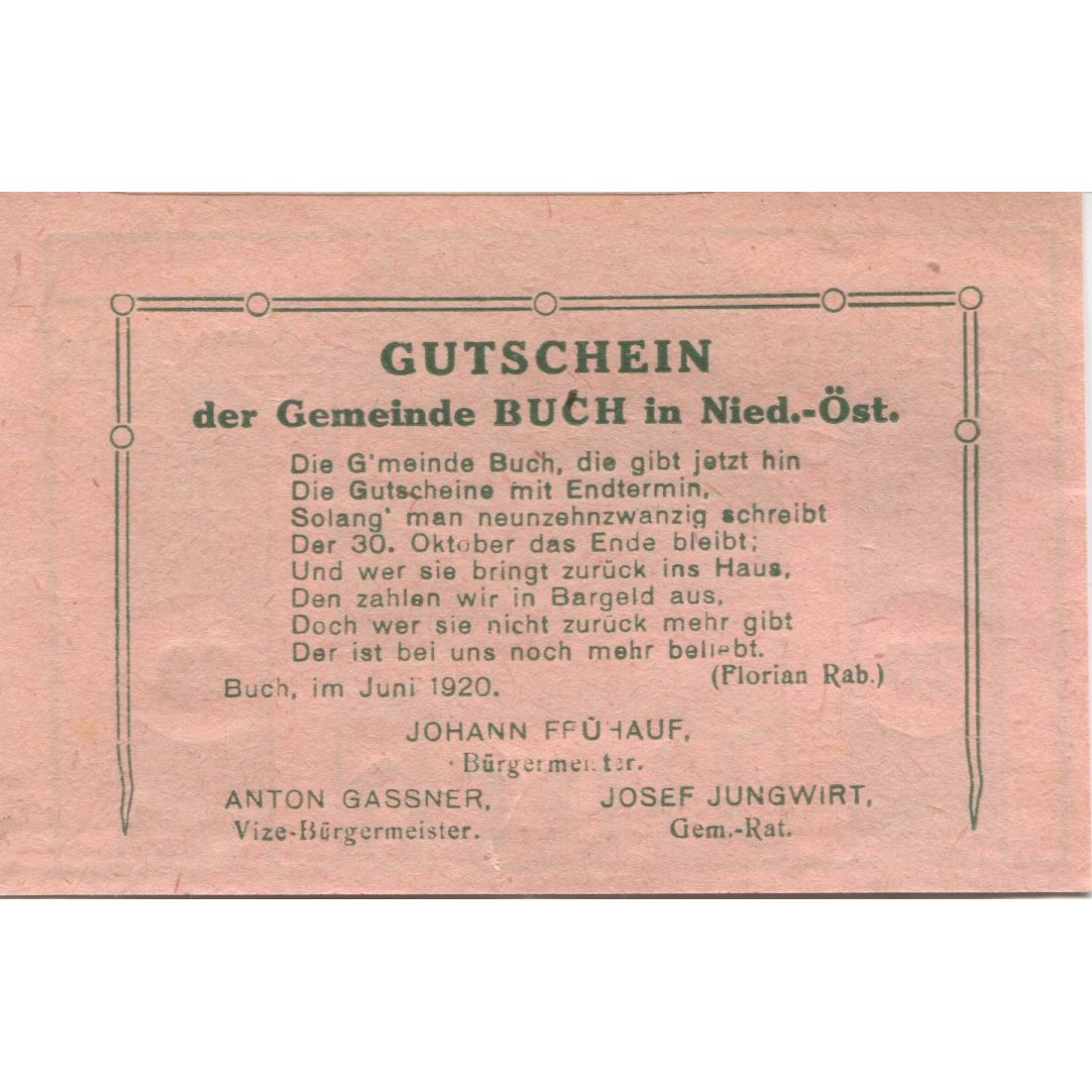 Banknote, Austria, Buch, 20 Heller, route 1920-10-30, UNC(63), Mehl:FS 113a