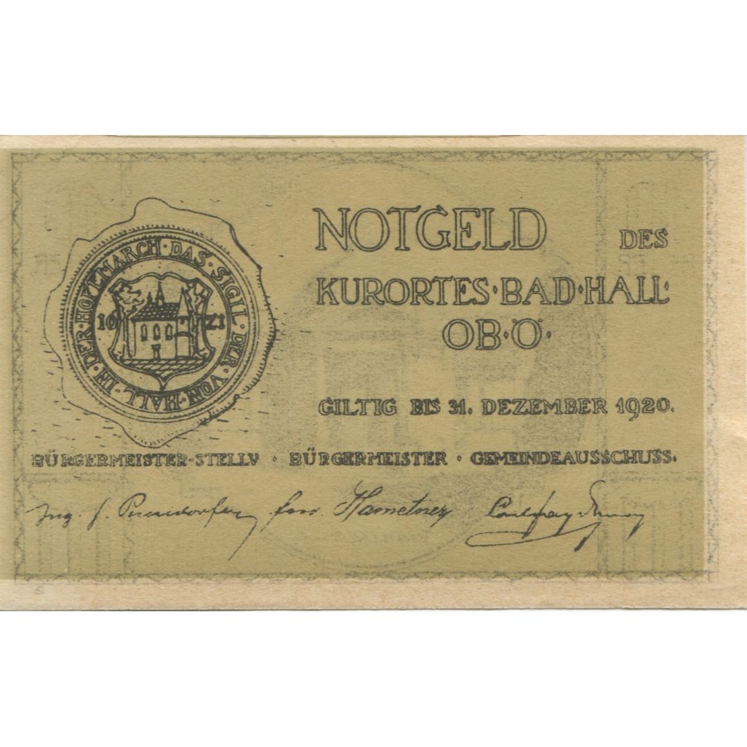 Banknote, Austria, Bad Hall, 10 Heller, Monument, 1920 UNC(63) Mehl:FS 76Ia