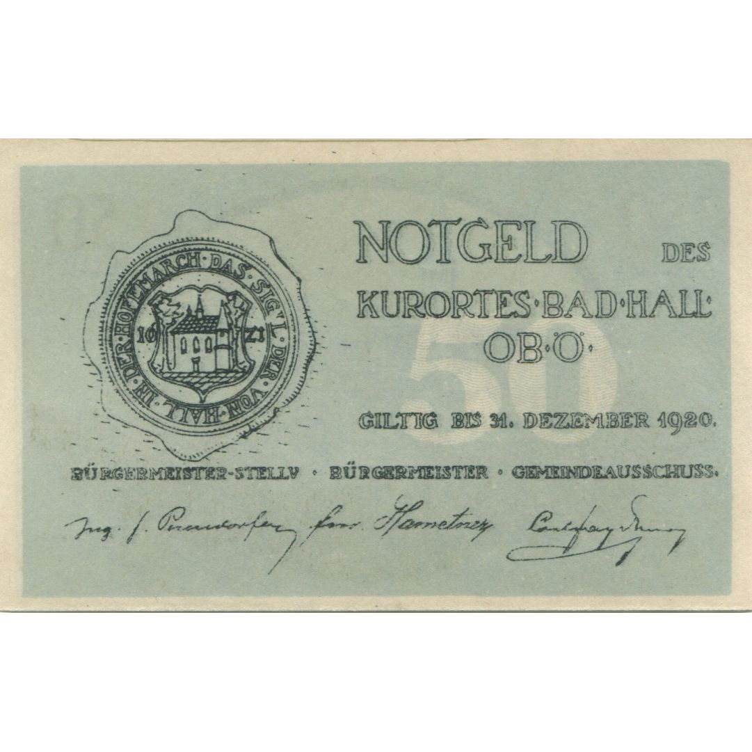 Banknote, Austria, Bad Hall, 50 Heller, village, 1920 UNC(63) Mehl:FS 76Ia