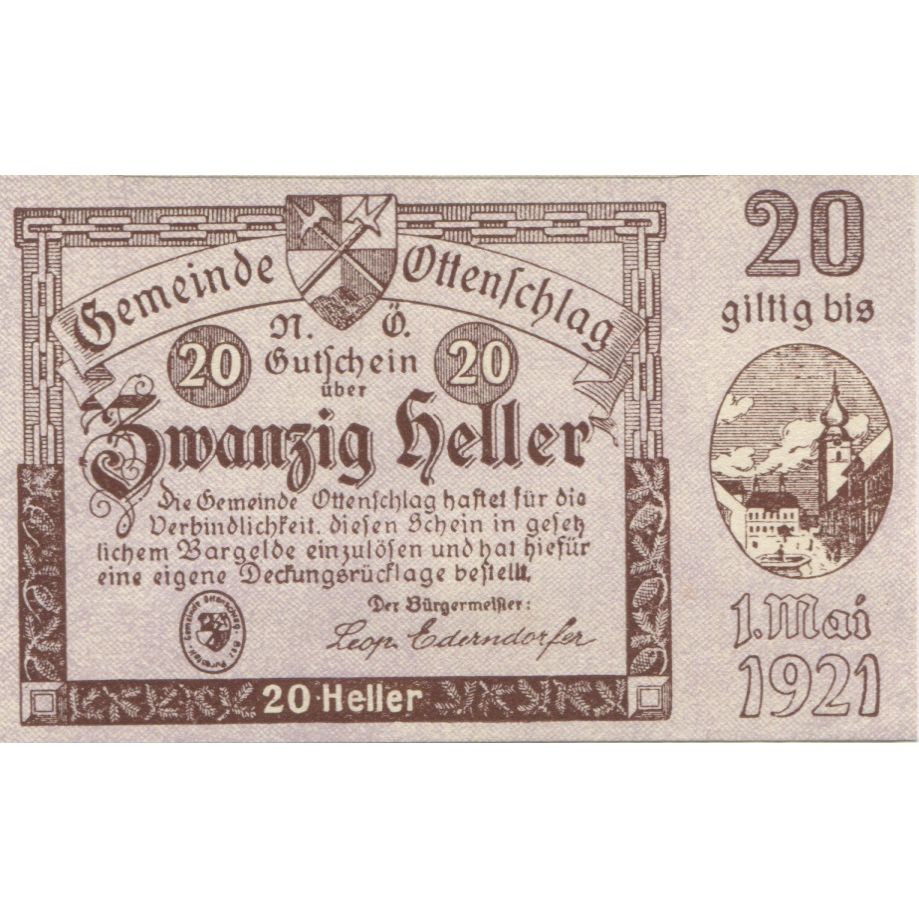 Banknote, Austria, Ottenschlag, 20 Heller, village, 1921 UNC(63) Mehl:FS 716a