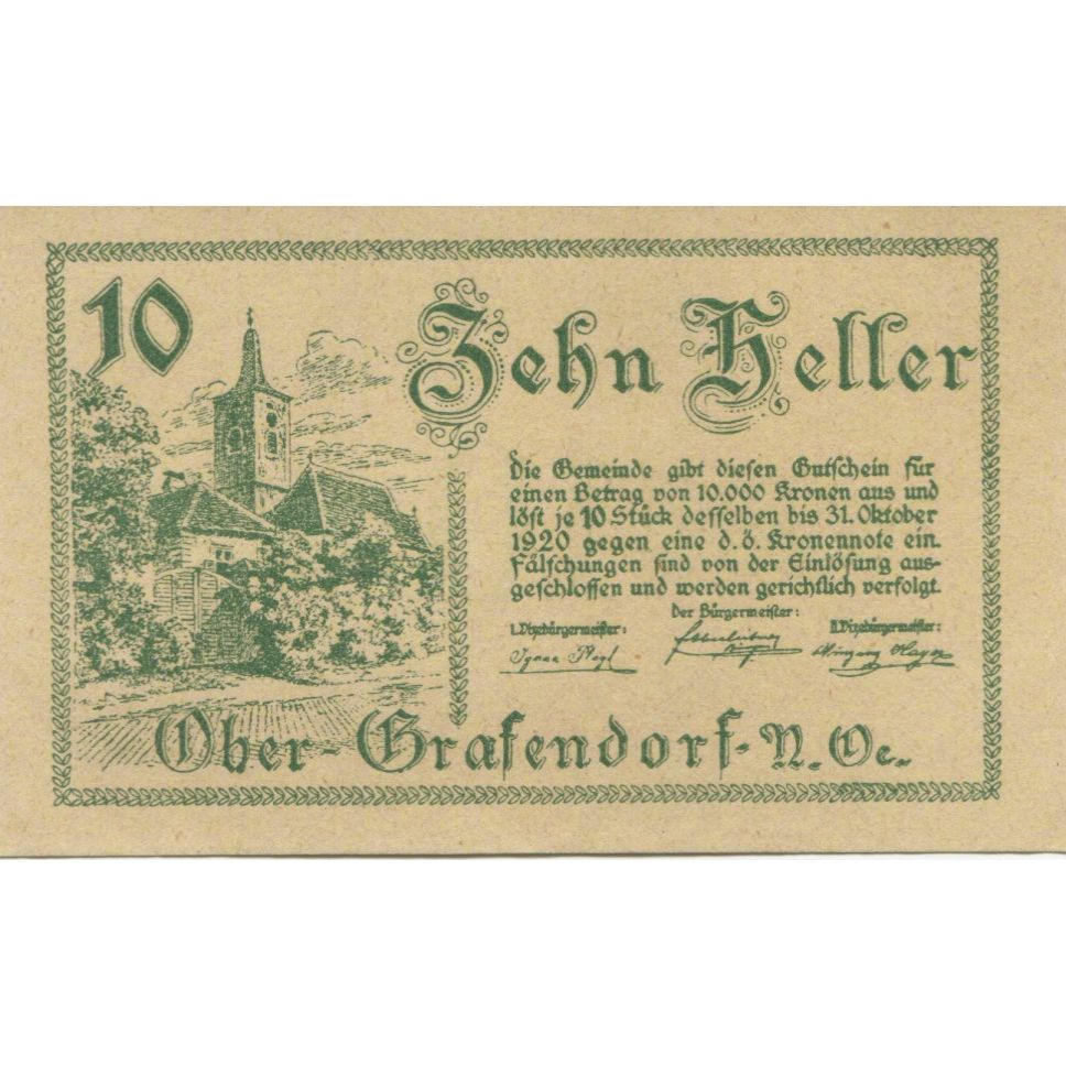 Banknote, Austria, Grafendorf, 10 Heller, Eglise, 1920 UNC(63) Mehl:FS 682a