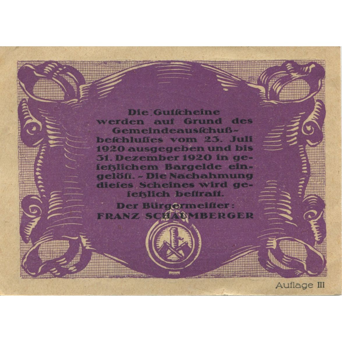 Banknote, Austria, Brunn, 50 Heller, Blason, 1920 UNC(63), Mehl:FS 323IIc