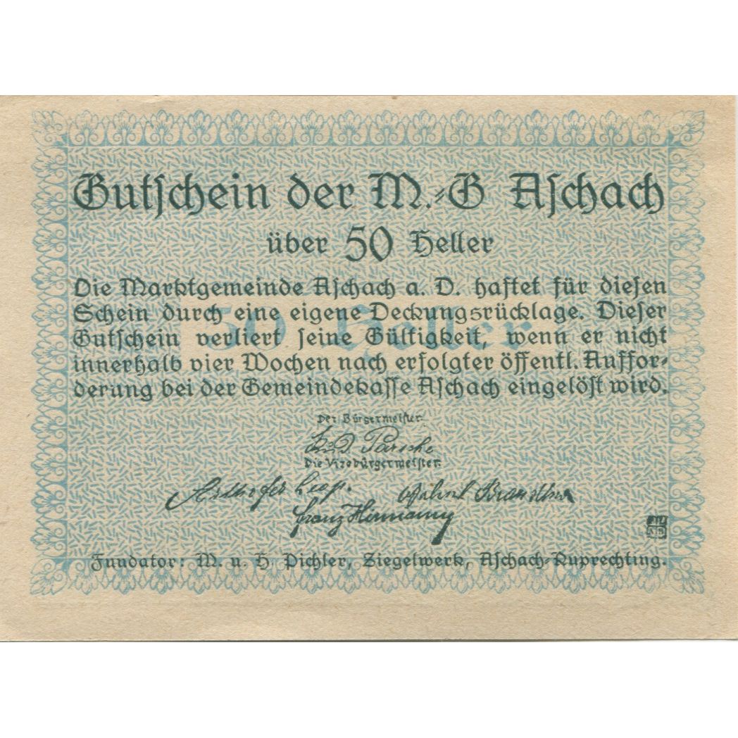 Banknote, Austria, Aschach, 50 Heller, fleuve, 1920, UNC(63), Mehl:FS 53IIb20