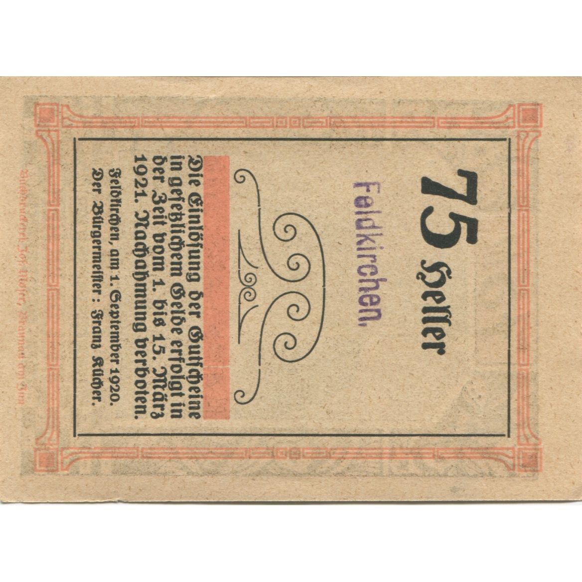 Banknote, Austria, Feldkirchen, 75 Heller, Eglise, 1921 UNC(63) Mehl:FS 196a