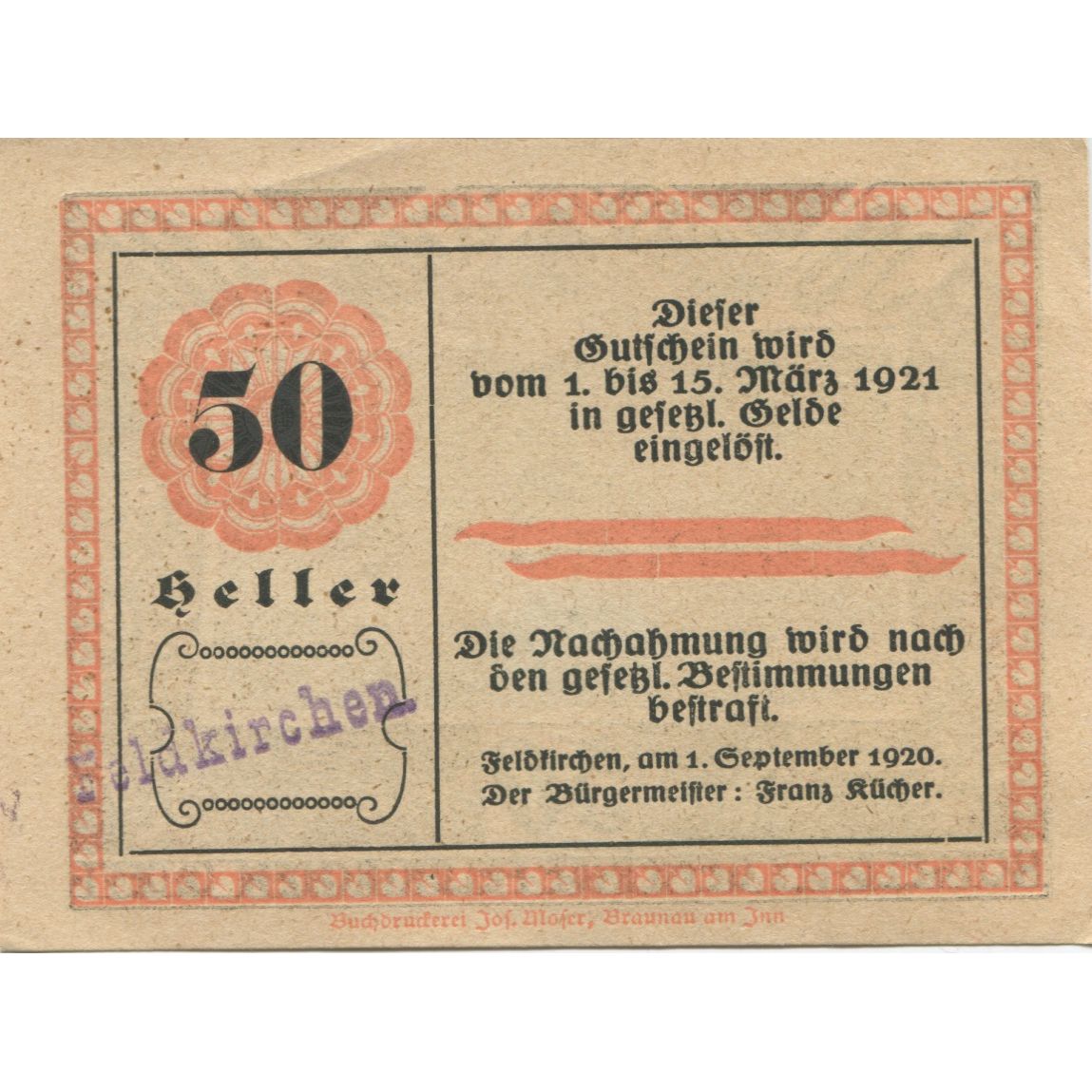 Banknote, Austria, Feldkirchen, 50 Heller, village, 1921 UNC(63) Mehl:FS 196a