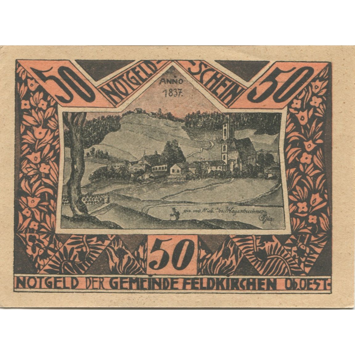 Banknote, Austria, Feldkirchen, 50 Heller, village, 1921 UNC(63) Mehl:FS 196a