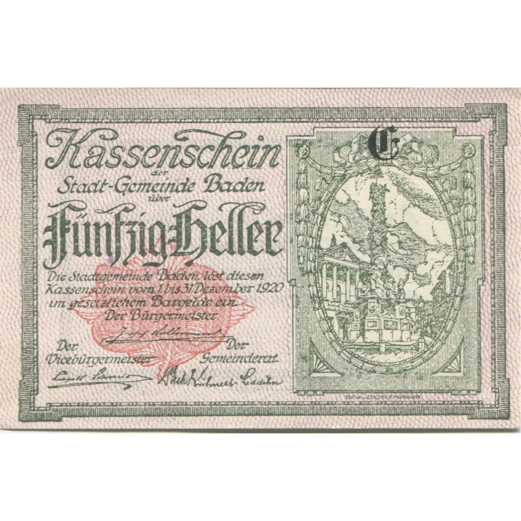 Banknote, Austria, Baden, 50 Heller, Monument, 1920 UNC(63) Mehl:FS 74a