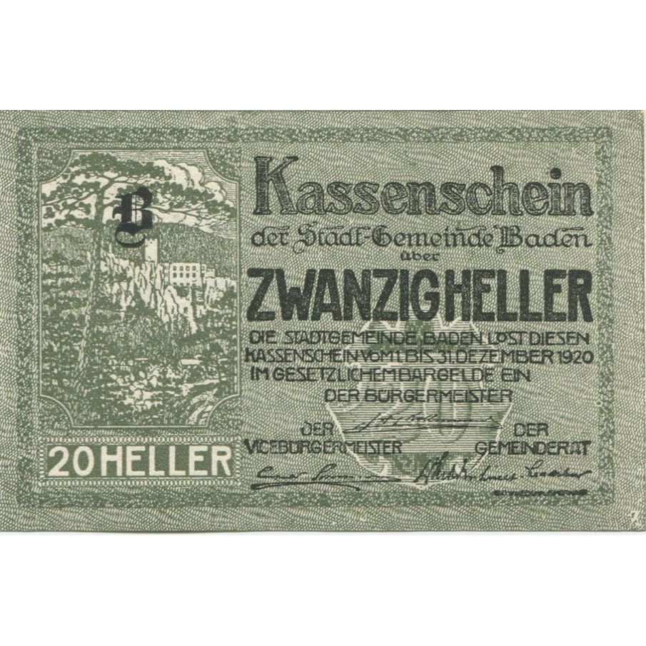 Banknote, Austria, Baden, 20 Heller, château, 1920 UNC(63) Mehl:FS 74a