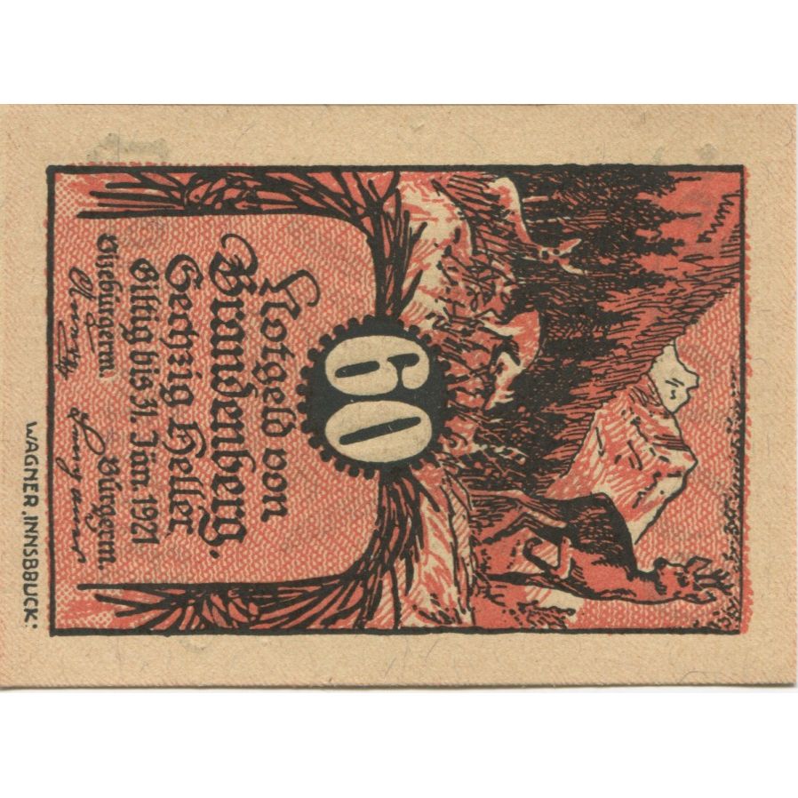 Banknote, Austria, Brandenberg, 60 Heller, cerf, 1920, UNC(63) Mehl:FS 99a