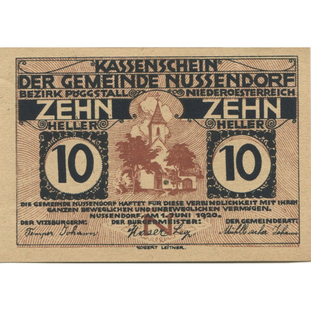 Banknote, Austria, Nussendorf, 10 Heller, Eglise, 1920 UNC(63) Mehl:FS 679a