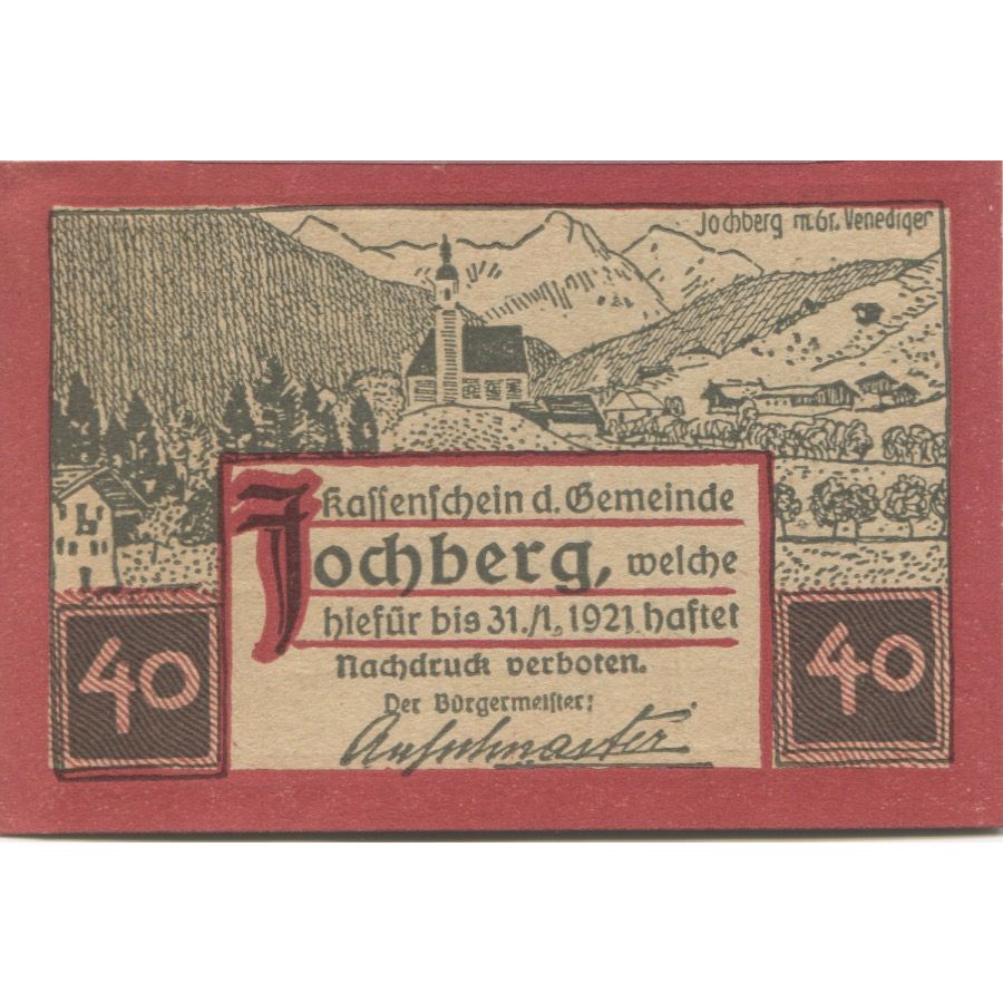 Banknote, Austria, Jochberg, 40 Heller, Eglise 1921-01-31, UNC(63) Mehl:FS 419a