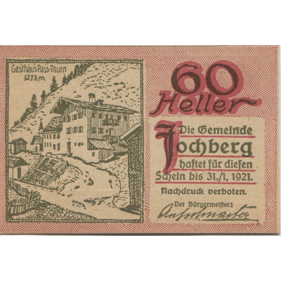 Banknote, Austria, Jochberg, 60 Heller, chalet, 1921 UNC(63) Mehl:FS 419a