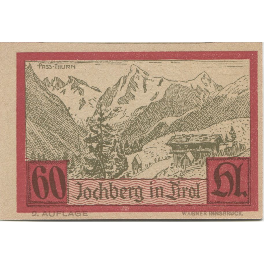 Banknote, Austria, Jochberg, 60 Heller, chalet, 1921 UNC(63) Mehl:FS 419a