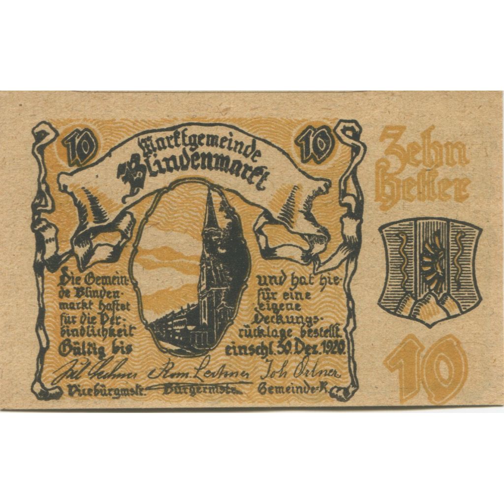 Banknote, Austria, Blindenmarkt, 10 Heller, Blason, 1920 UNC(63) Mehl:FS 93IIa
