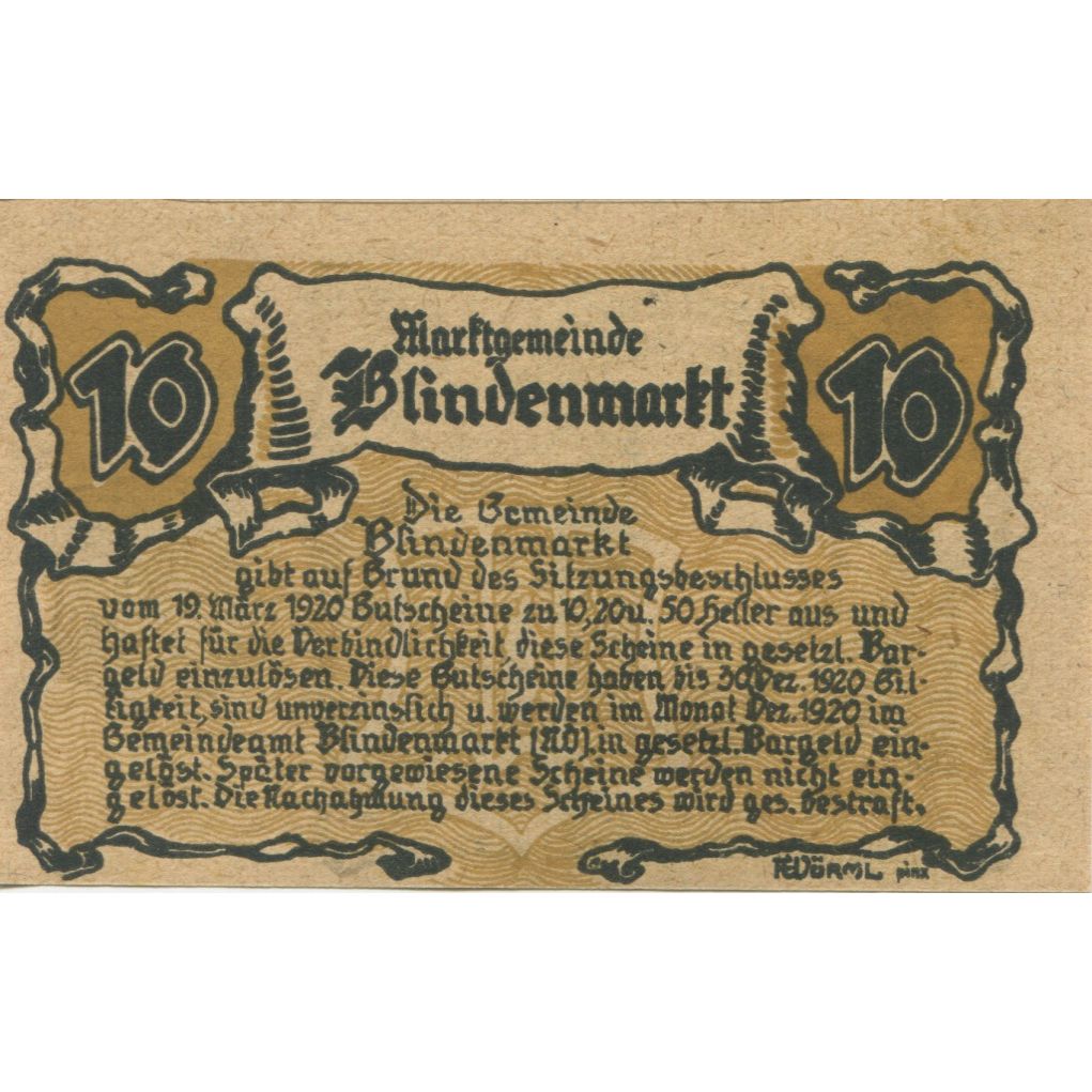 Banknote, Austria, Blindenmarkt, 10 Heller, Blason, 1920 UNC(63) Mehl:FS 93IIa
