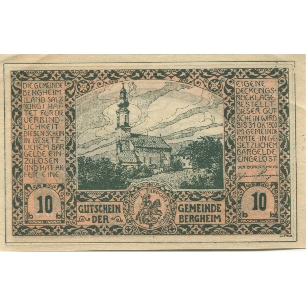 Banknote, Austria, Bergheim, 10 Heller, Eglise, 1920 UNC(63) Mehl:FS 82Ia