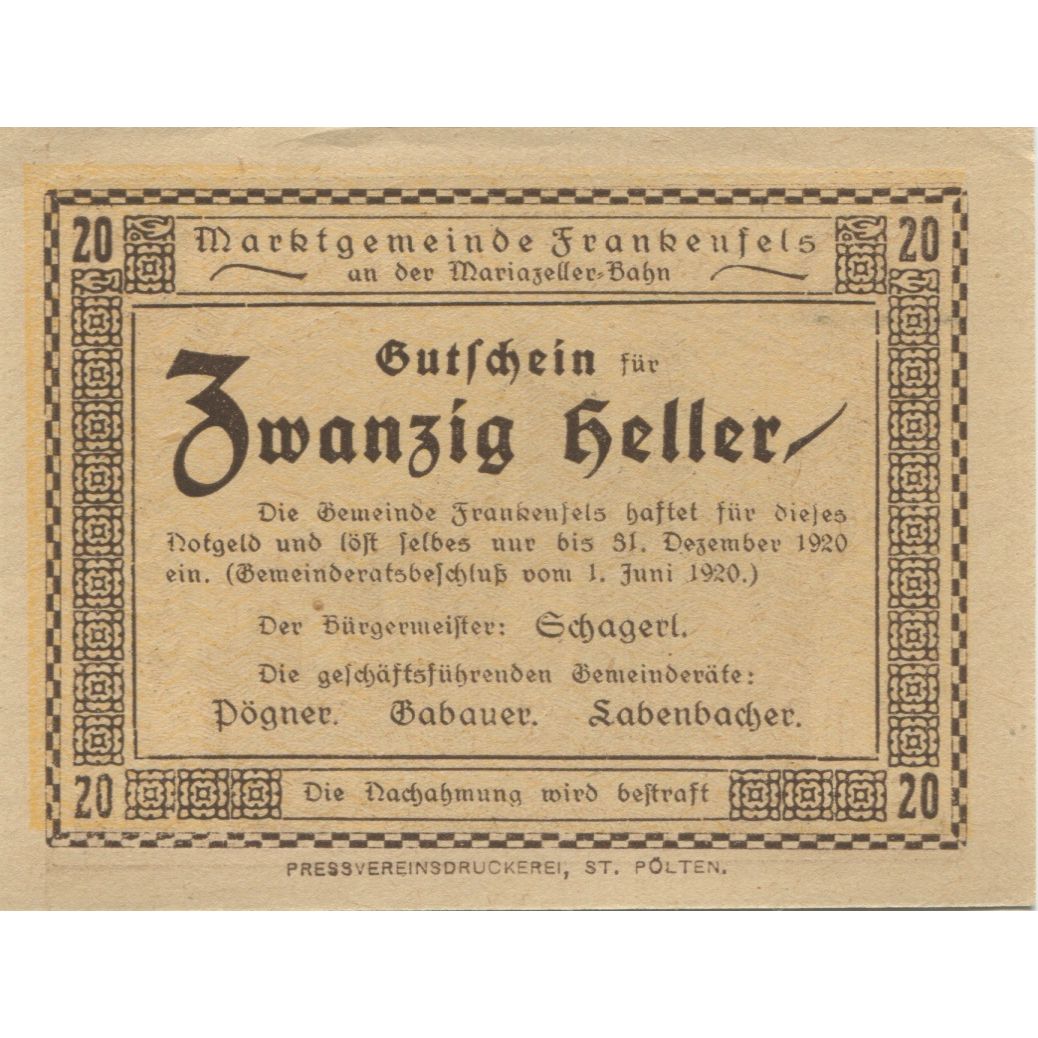 Banknote, Austria, Frankenfels, 20 Heller, ruine 1920-12-31 UNC(63) Mehl:FS 208a
