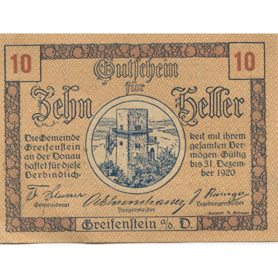 Banconote, Austria, Greifenstein, 10 Heller, château, 1920, SPL Mehl:FS 275a