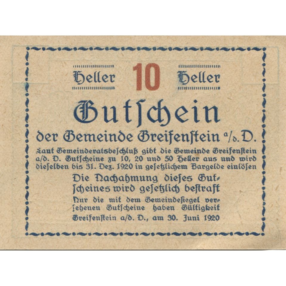 Banconote, Austria, Greifenstein, 10 Heller, château, 1920, SPL Mehl:FS 275a