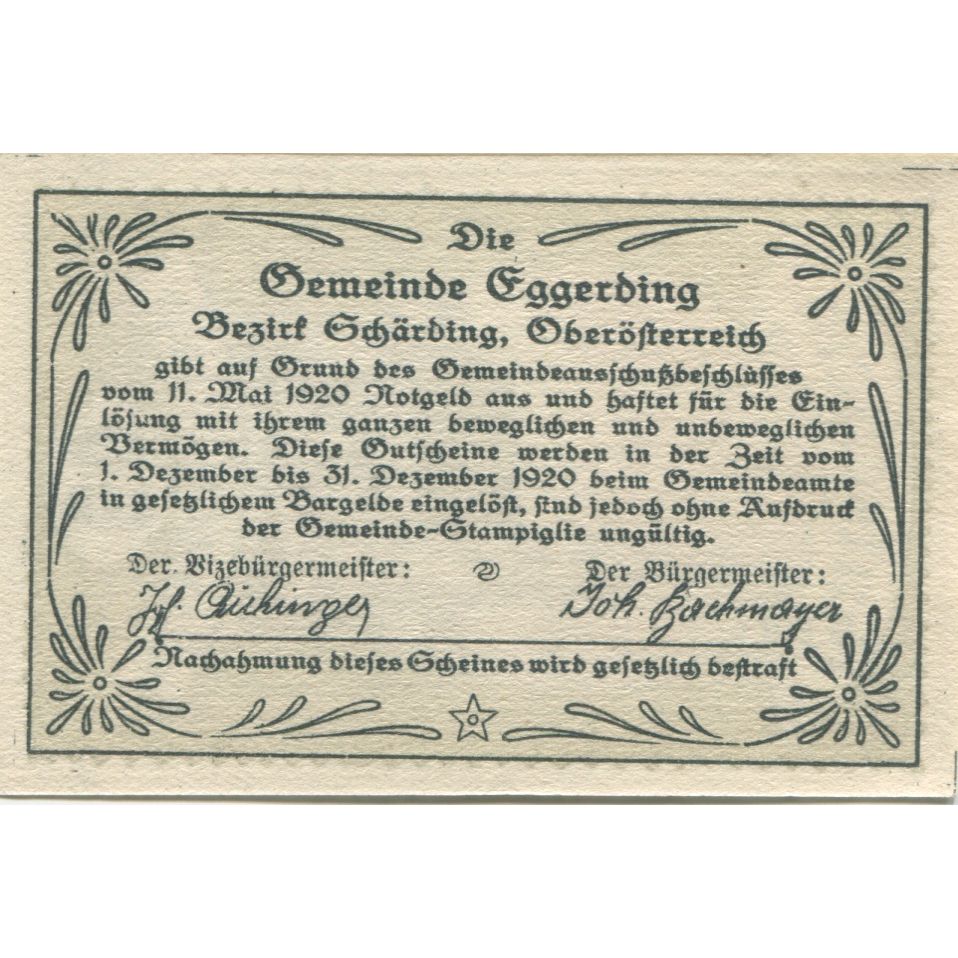 Banconote, Austria, Eggerding, 50 Heller, Eglise 1920-12-31, SPL, Mehl:FS 166a