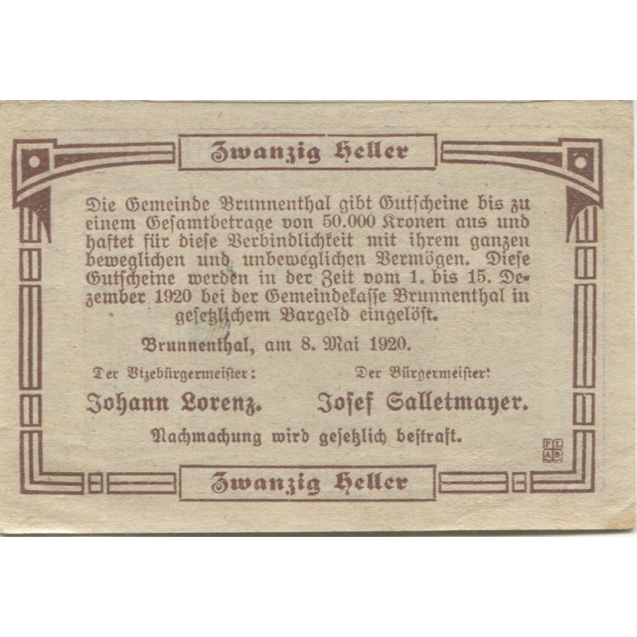 Banknote, Austria, Brunnenthal, 20 Heller, porte 1920-12-15 UNC(63) Mehl:FS 111a