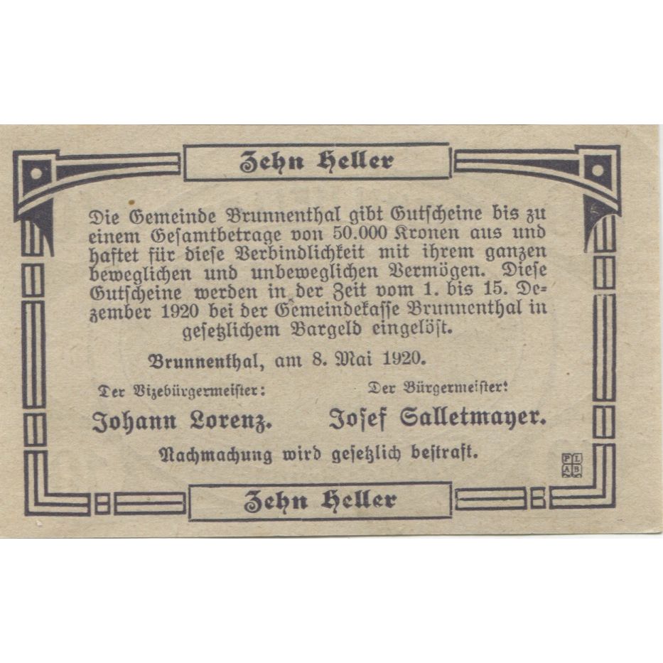 Banknote, Austria, Brunnenthal, 10 Heller, gare 1920-12-15, UNC(63) Mehl:FS 111a