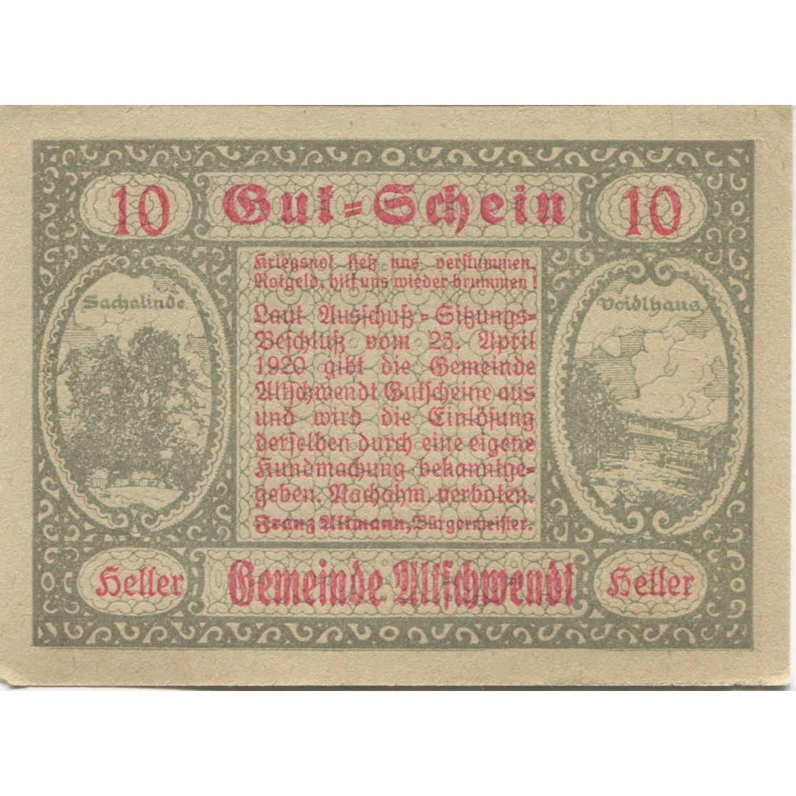 Banknote, Austria, Altschwendt, 10 Heller, Clocher, 1920, UNC(63), Mehl:FS 35IIa