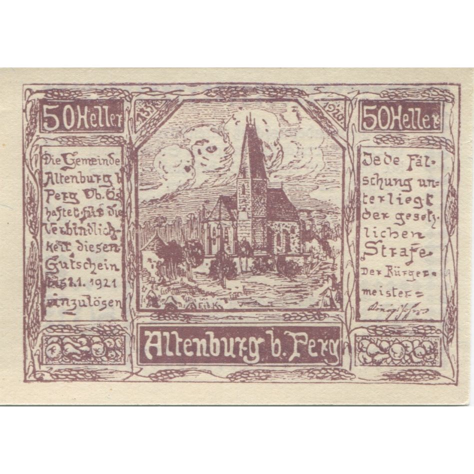 Banknote, Austria, Altenburg, 50 Heller, Eglise 1921-01-01, UNC(63) Mehl:FS 26b