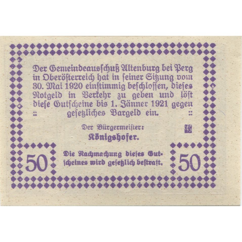 Banknote, Austria, Altenburg, 50 Heller, Eglise 1921-01-01, UNC(63) Mehl:FS 26b