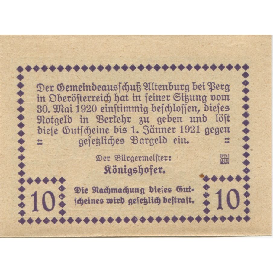 Geldschein, Österreich, Altenburg, 10 Heller, château, 1921 UNZ- Mehl:FS 26a