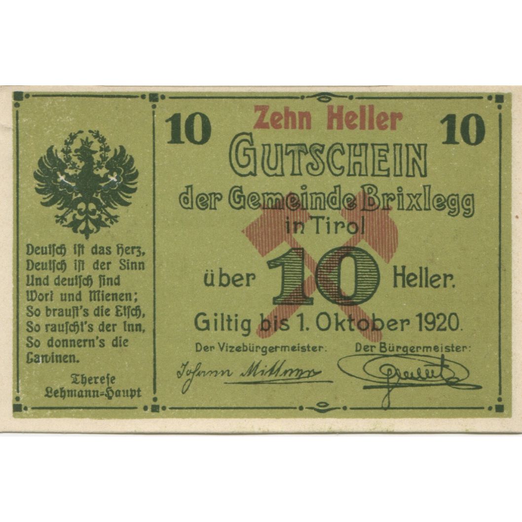 Banknote, Austria, Brixlegg, 10 Heller, montagne, 1920 UNC(63) Mehl:FS 104a