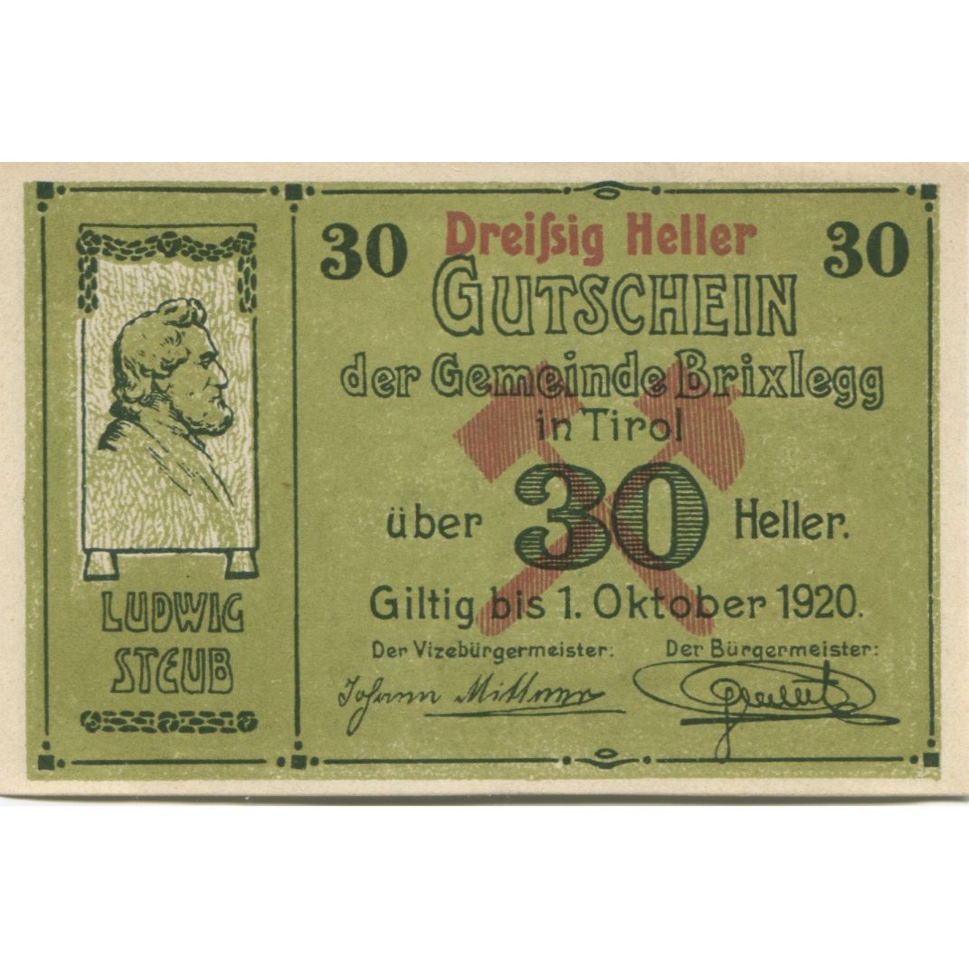 Banknote, Austria, Brixlegg, 30 Heller, portrait, 1920, UNC(63) Mehl:FS 104a