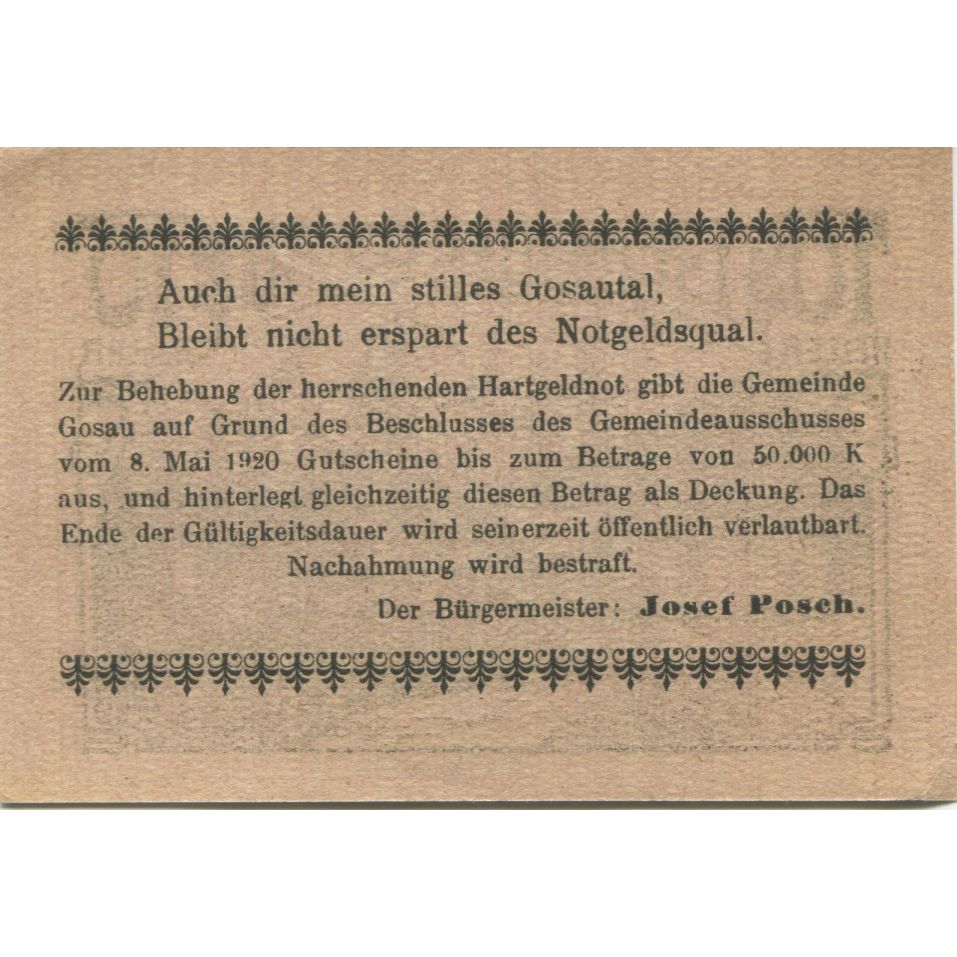 Billet, Autriche, Gosau, 10 Heller, chalet, 1920, SPL, Mehl:FS 251