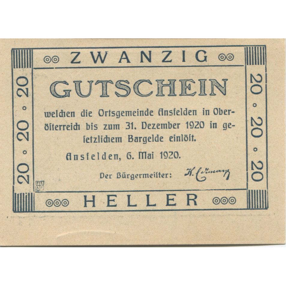 Banknote, Austria, Ansfelden, 20 Heller, château, 1920 UNC(63) Mehl:FS 45Ia
