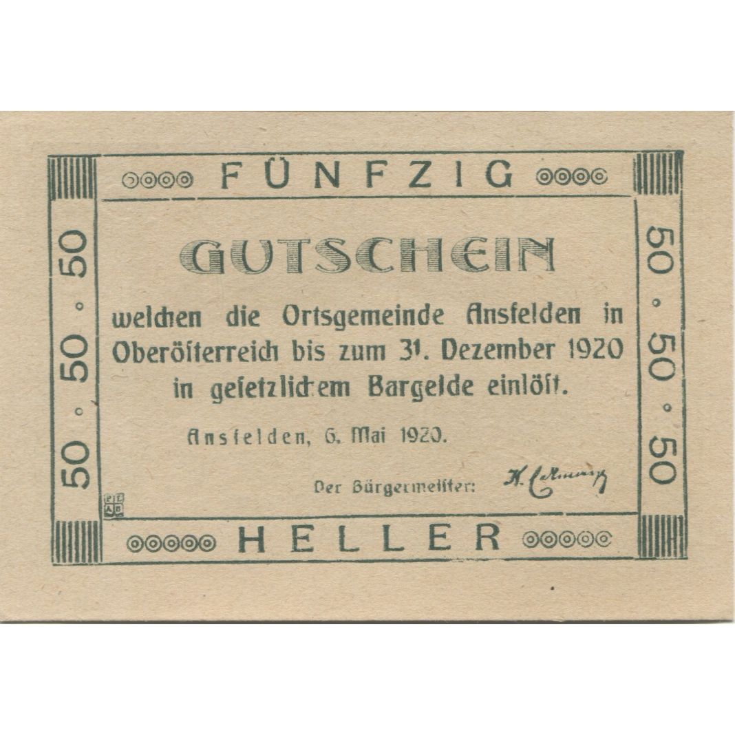 Banknote, Austria, Ansfelden, 50 Heller, portrait, 1920 UNC(63) Mehl:FS 45Ia