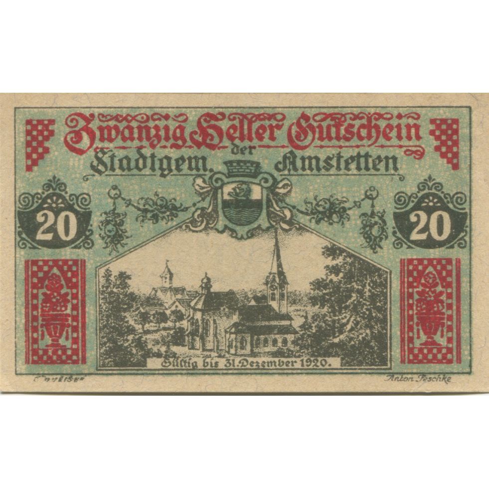 Geldschein, Österreich, Amstetten, 20 Heller, Eglise 1920 UNZ- Mehl:FS 37II